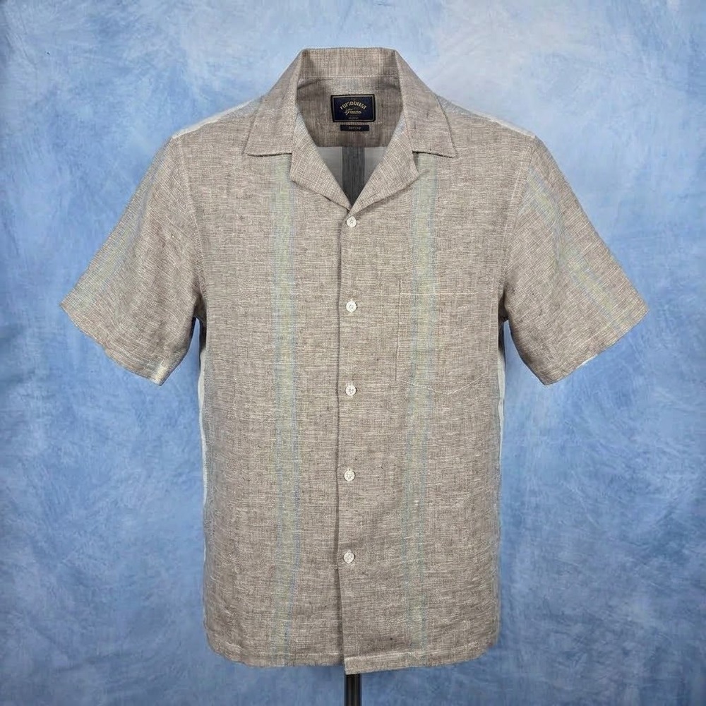 Portuguese Flannel Mens Medium Brown Linen Short Sleeve Camp Collar Stripe Shirt